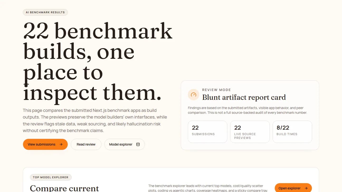 The ModelBench gallery homepage, comparing SI benchmark builds side by side