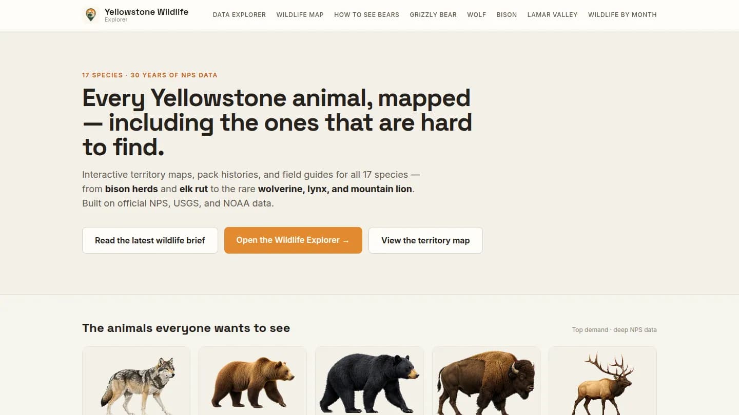 The Yellowstone Wildlife Explorer homepage: every species mapped, with field guides and territory maps